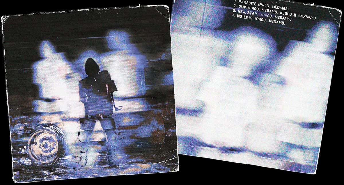 Cover et tracklist de l'EP Migi, images floues bleues et blanches aux bords déchirés